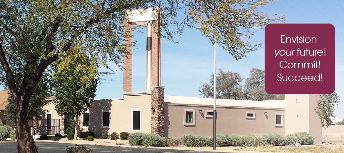 Peoria Prep campus with the words Envision your future, Commit, Succeed